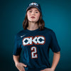 Model Wearing 2025-26 CITY EDITION OKC THUNDER NIKE SGA N&N T-SHIRT