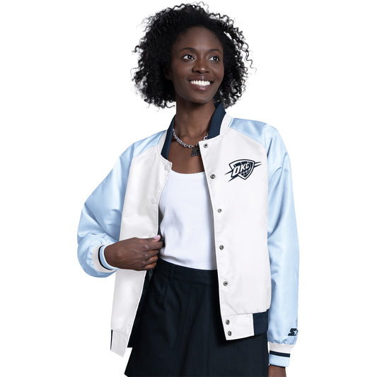 Ladies OKC Thunder GIII Satin Blitz Snap Jacket in White - Front View