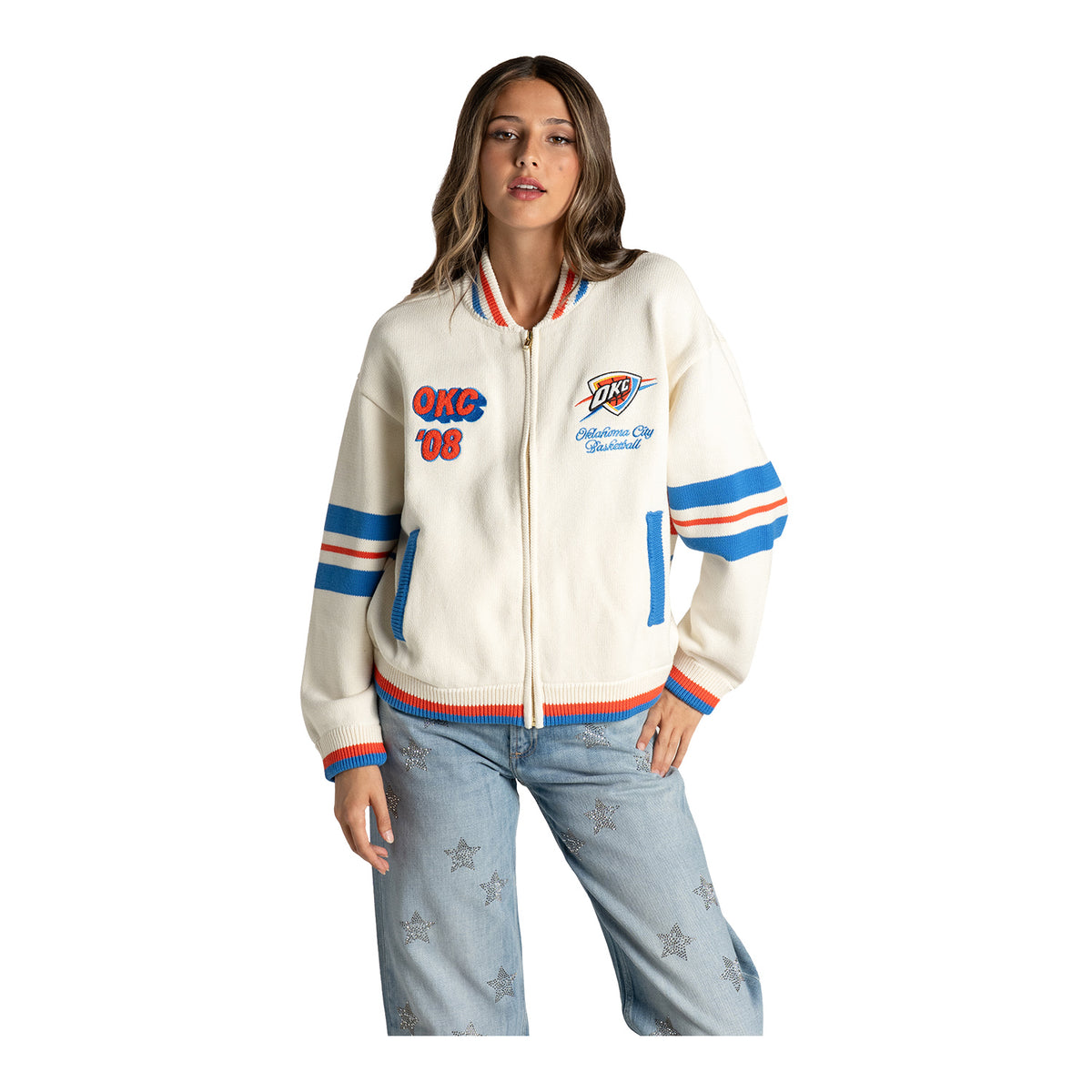 Women's OKC Thunder Wild Collective Boxy Jacquard Sweater - Model Front View