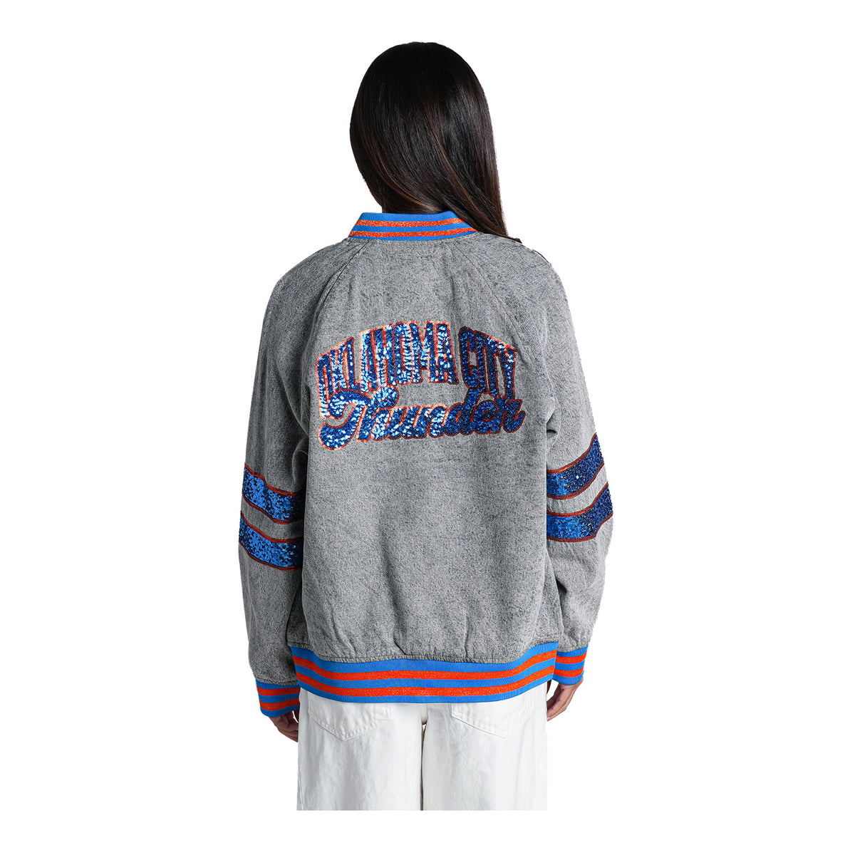 Women's OKC Thunder Wild Collective Denim Sequin Bomber Jacket - Back View