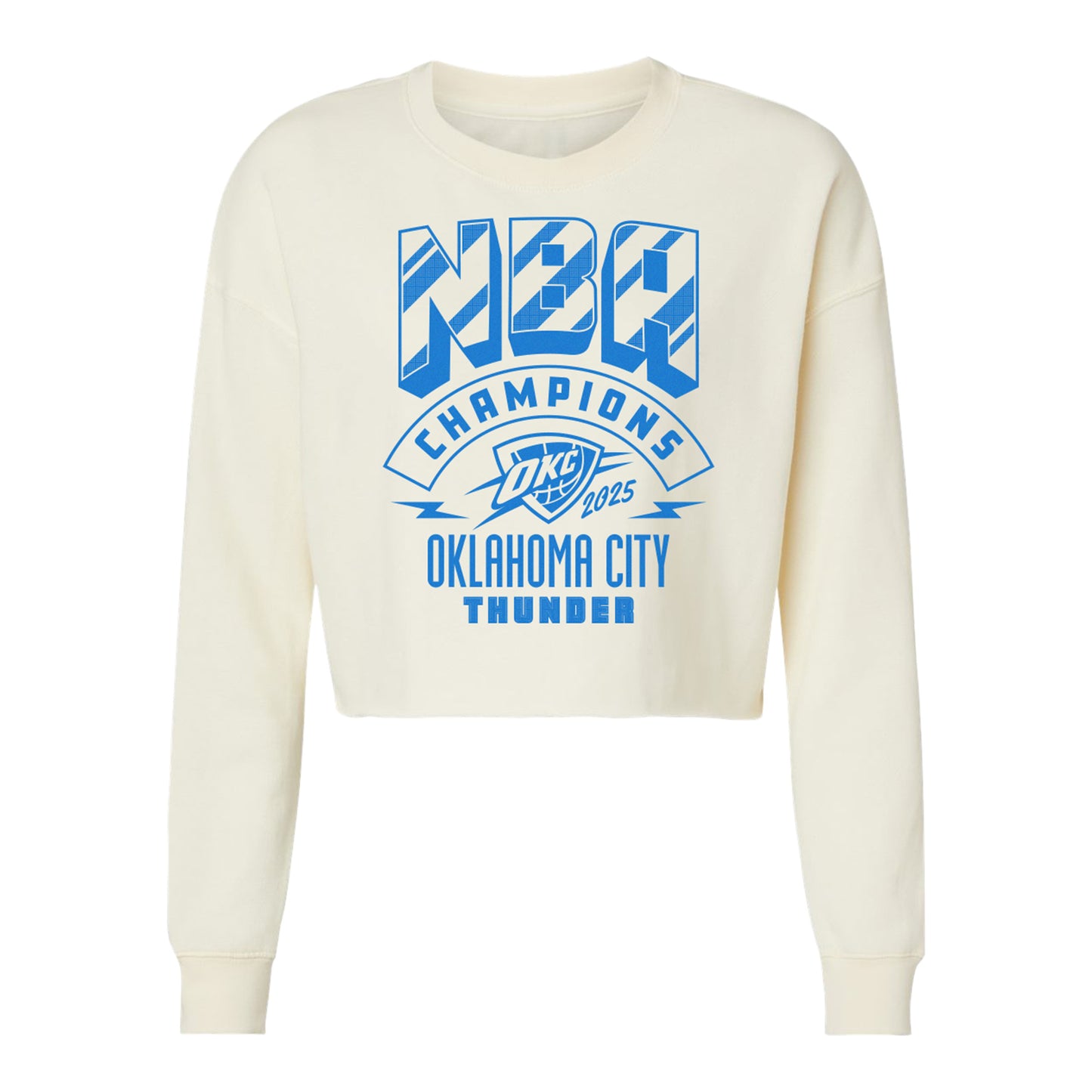 Ladies Oklahoma City Thunder 2025 NBA Champions Striped Wordmark Lightweight Sweatshirt in White - Front View