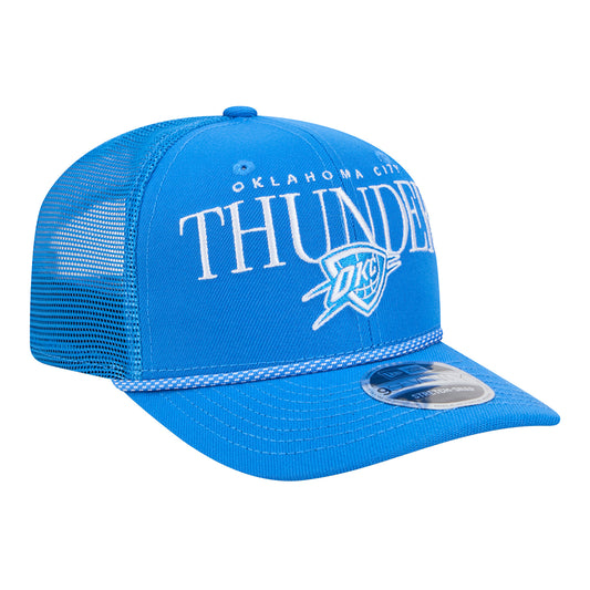 OKC Thunder New Era 9Seventy Stretch Snap Micro Rope Trucker Hat in blue - front right view