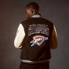 OKC Thunder 2025 NBA Champions Collector's Varsity Jacket in Black- Back View on Model