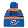 OKLAHOMA CITY THUNDER NEW ERA 2024 NBA DRAFT KNIT IN BLUE & TAN - FRONT VIEW