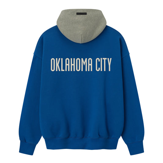 OKC THUNDER FEAR OF GOD ESSENTIALS SPORTS HOODIE in Blue - Back View
