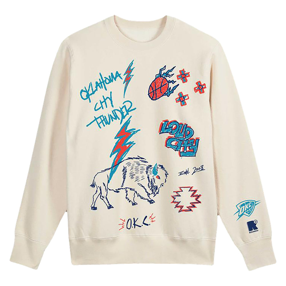 OKC Thunder Round21 Native Heritage Cream Crewneck in White - Front View