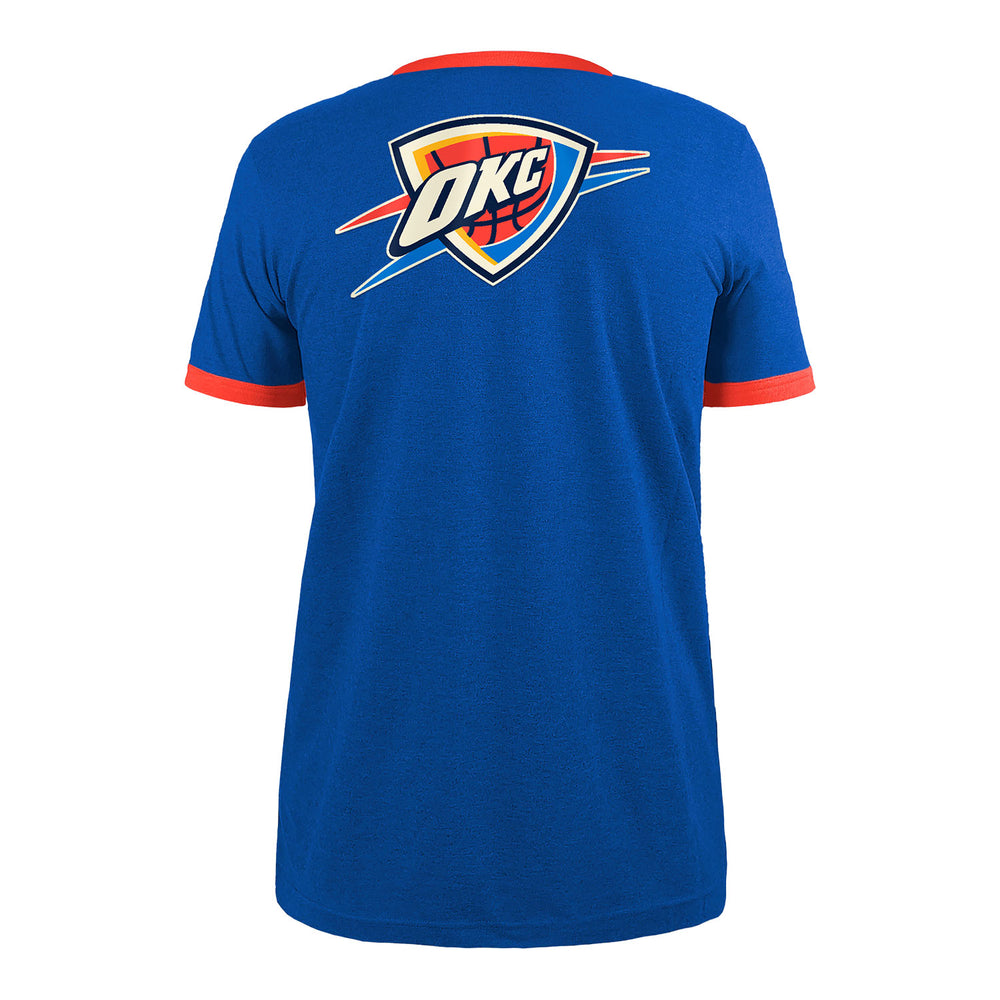 NEW ERA OKC THUNDER PENNANT T-SHIRT IN BLUE & ORANGE - BACK VIEW