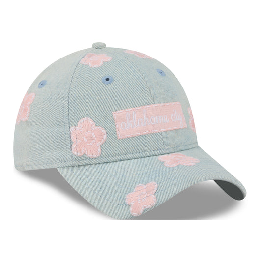 GIRLS OKC THUNDER NEW ERA 920 FLORAL DENIM HAT in Blue - Front Right View