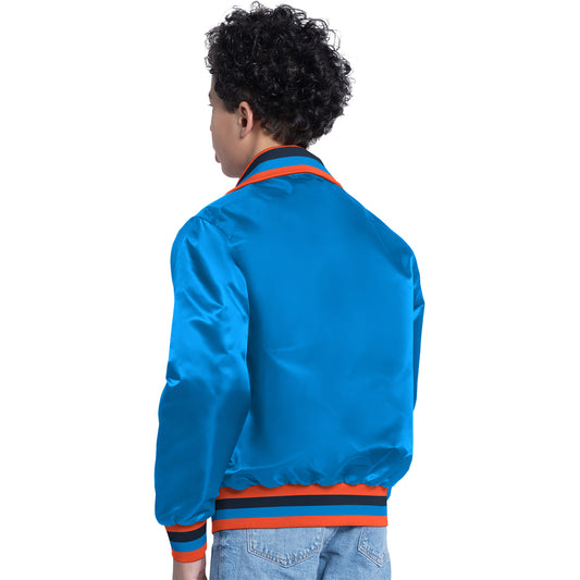 Youth OKC Thunder GIII Varsity Captain Blue Starter Jacket in Blue - Back View