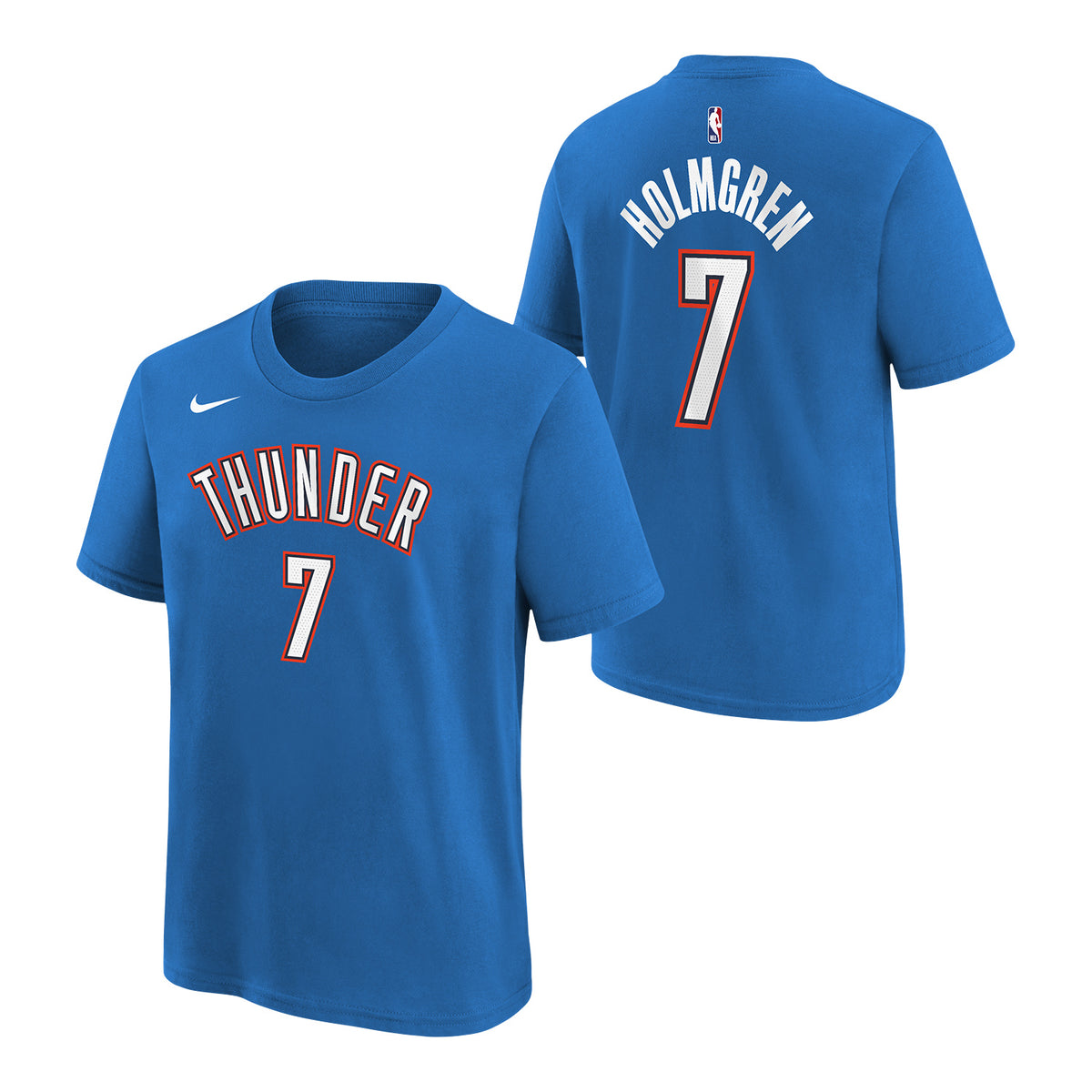 Youth OKC Thunder Nike Chet Holmgren Name and Number T-Shirt in blue - Front and Back View