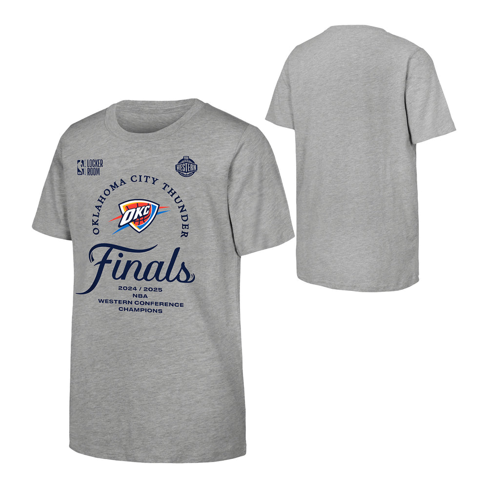 OKC Thunder Youth 2025 Western Conference Finals Champions Locker Room T-Shirt in Grey - Front and Back View
