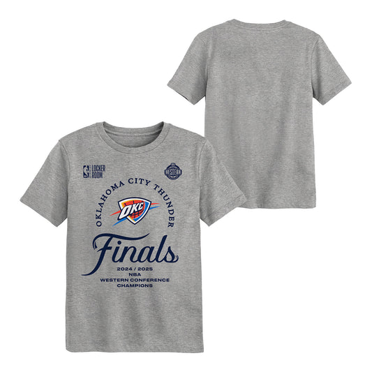 OKC Thunder Juvenile 2025 Western Conference Finals Champions Locker Room T-Shirt in Grey - Front and Back View