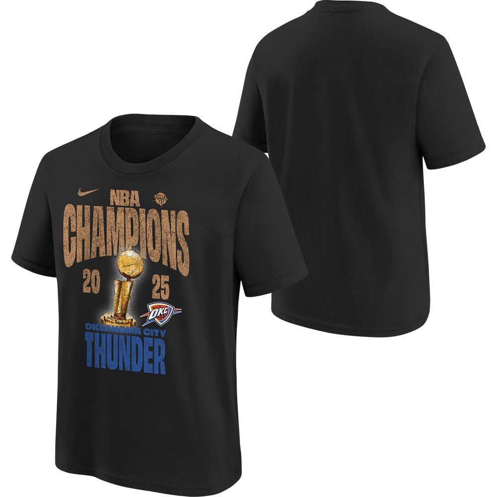 Youth Oklahoma City Thunder 2025 NBA Champions Nike Locker Room T-Shirt in Black - Front and Back View