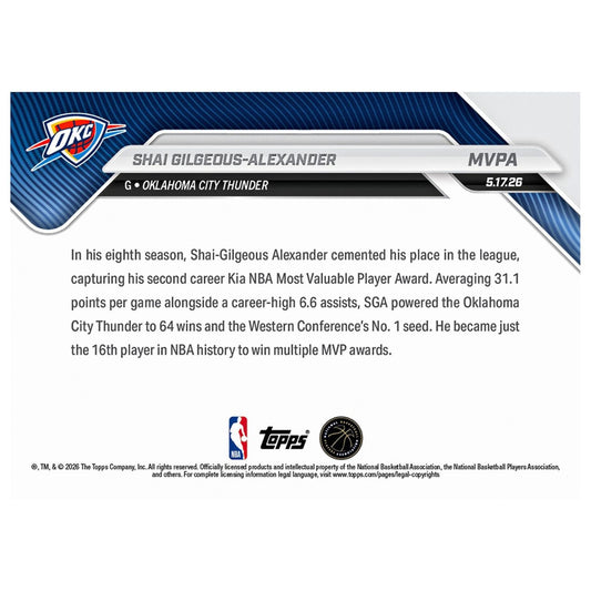 Shai Gilgeous-Alexander 2026 NBA MVP Topps Trading Card - Back View