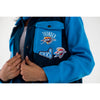 LADIES OKC COLORBLOCK SHACKET IN BLUE - LEFT SIDE VIEW ON MODEL
