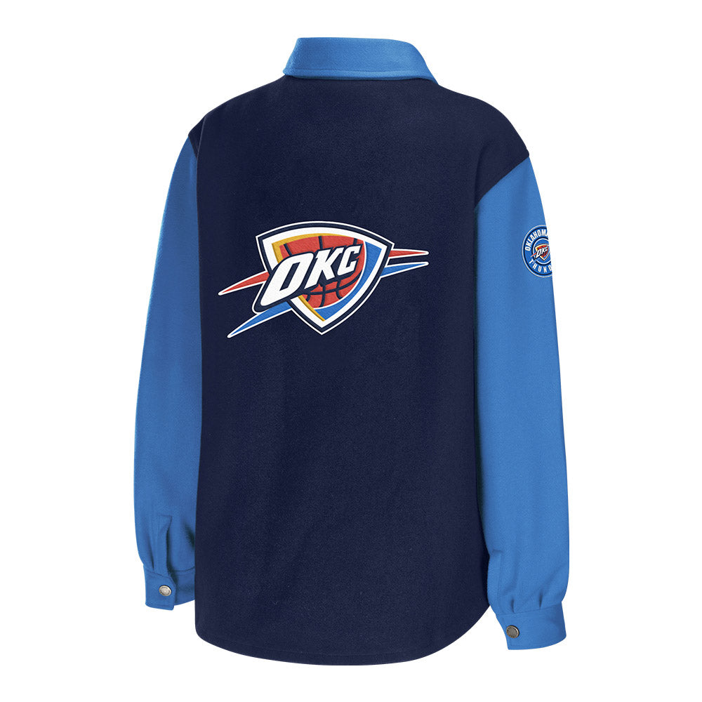 LADIES OKC COLORBLOCK SHACKET IN BLUE - BACK VIEW
