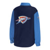 LADIES OKC COLORBLOCK SHACKET IN BLUE - BACK VIEW