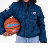 LADIES OKC PUFFER JACKET IN BLUE - FRONT VIEW ON MODEL