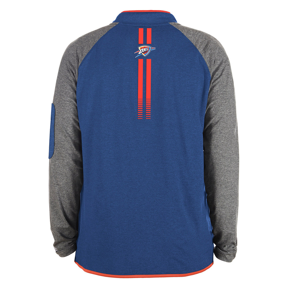 NEW ERA OKC THUNDER 1/4 ZIP COLOR BLOCK JACKET IN BLUE & GREY - BACK VIEW