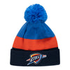 NEW ERA THUNDER TRIBLOCK POM TEAM COLOR KNIT HAT IN BLUE & ORANGE - FRONT VIEW