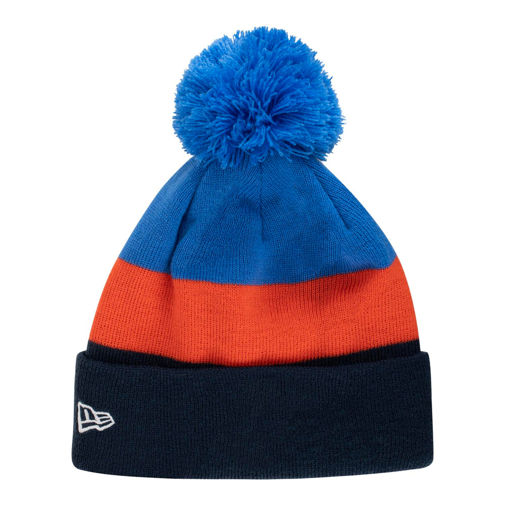 NEW ERA THUNDER TRIBLOCK POM TEAM COLOR KNIT HAT IN BLUE & ORANGE - BACK VIEW