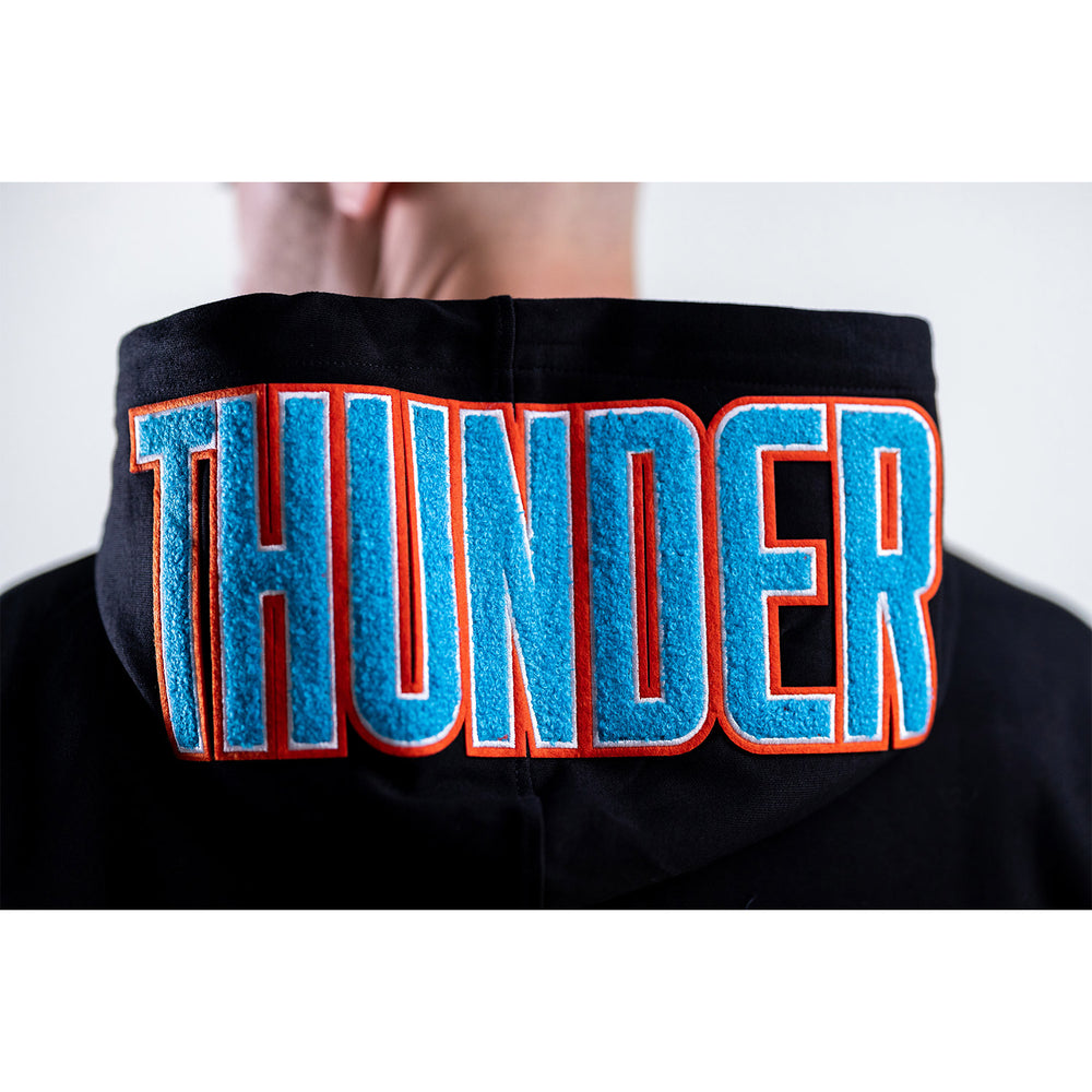 OKC THUNDER PRO STANDARD CLASSIC CHENILLE HOODED SWEATSHIRT - BACK HOOD VIEW ON MODEL