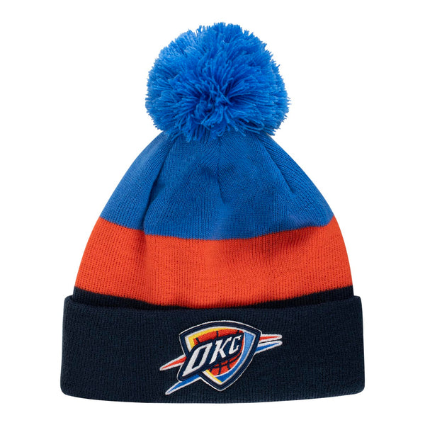 NEW ERA THUNDER TRIBLOCK YOUTH KNIT HAT IN BLUE & ORANGE - FRONT VIEW