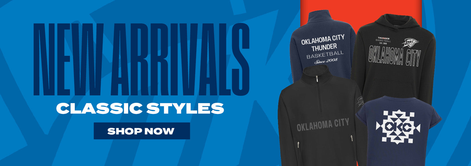 Promotional banner for 'New Arrivals' with clothing items featuring 'Oklahoma City' branding on a blue background.