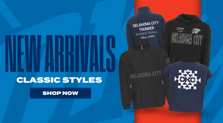 Promotional image of Oklahoma City Thunder merchandise with text 'New Arrivals' and 'Shop Now'.