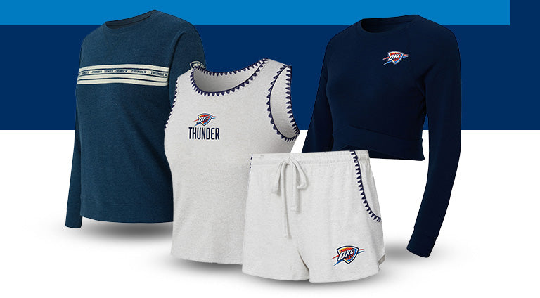 Collection of sports-themed clothing with 'Thunder' branding on a blue and white background