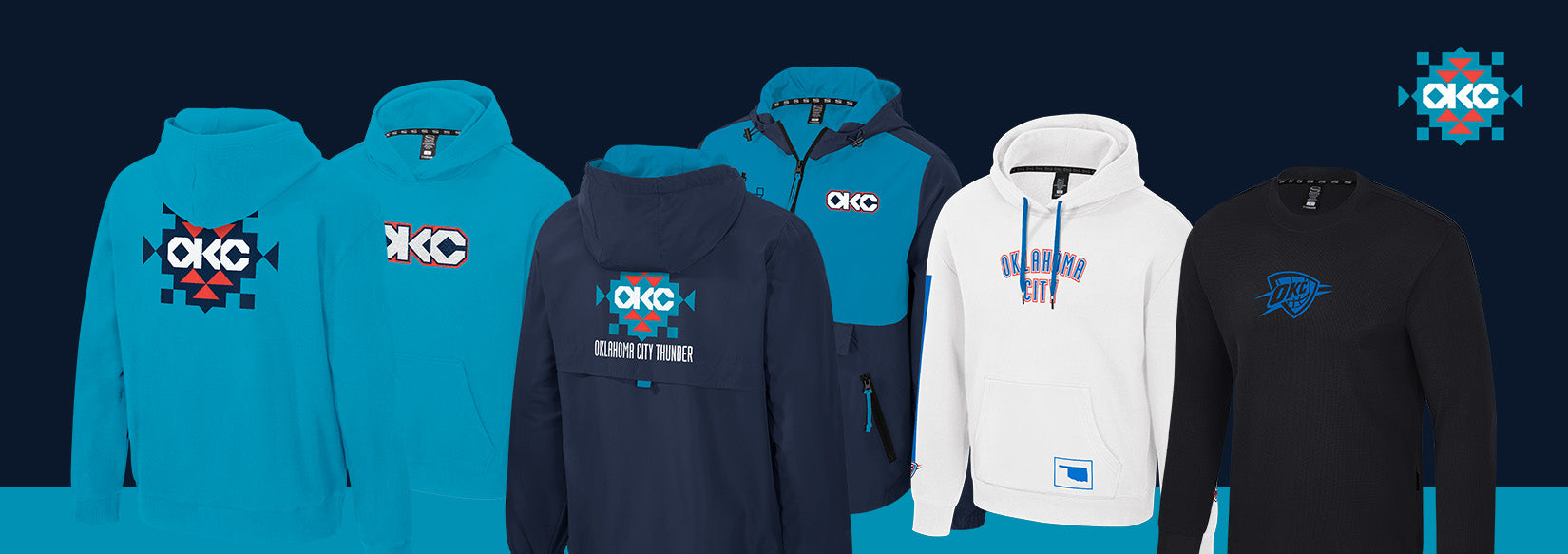 Collection of hoodies with OKC branding on a dark blue background