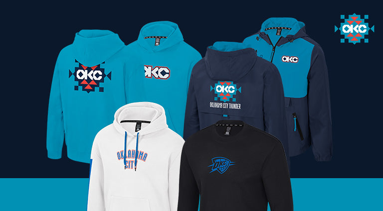Collection of hoodies with OKC logo on a blue and black gradient background