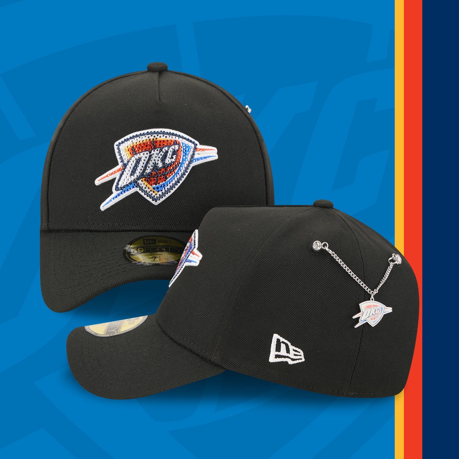 Two black baseball caps with logos on a blue and orange background