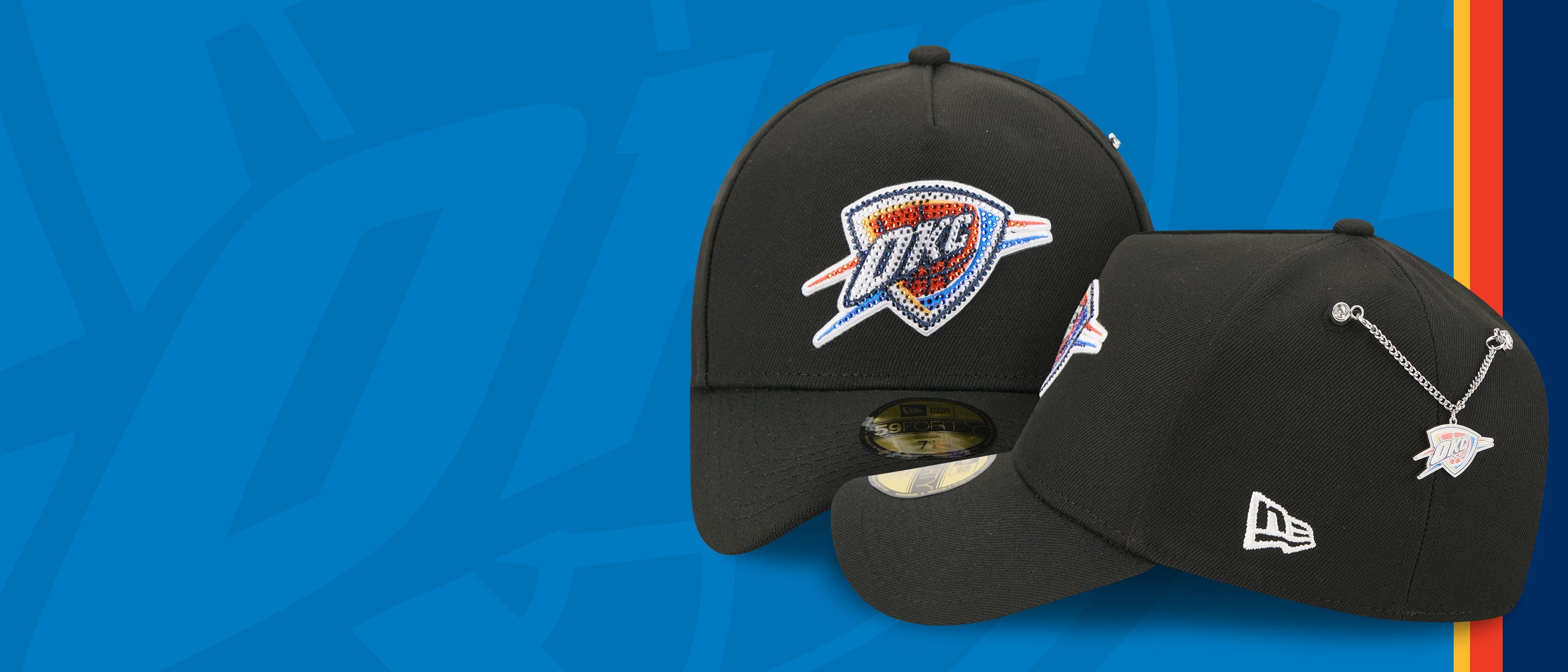Two black caps with logos on a blue background
