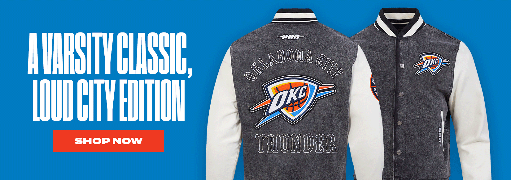 Oklahoma City Thunder Loud City Edition varsity jacket featuring OKC logo and Oklahoma City Thunder lettering, displayed on blue background with Shop Now call to action