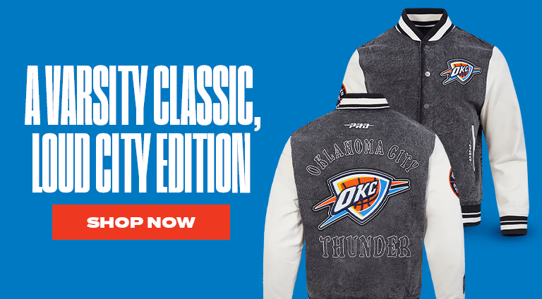 Oklahoma City Thunder Loud City Edition varsity jacket featuring OKC logo and Oklahoma City Thunder lettering, displayed on blue background with Shop Now call to action