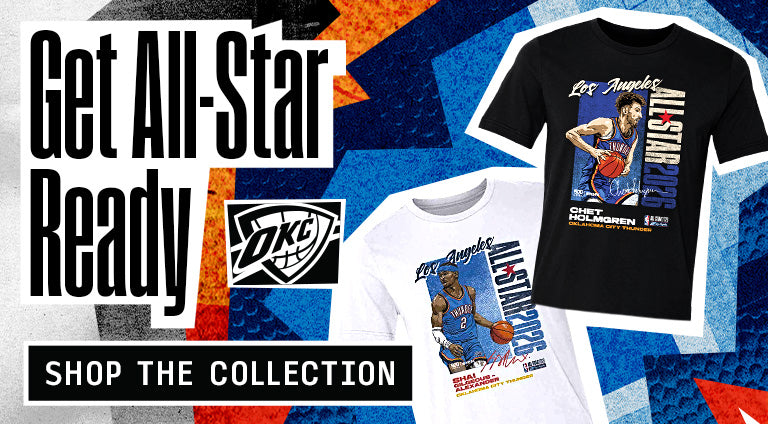 Basketball-themed t-shirts with 'All-Star' and 'OKC' branding on a colorful geometric background.