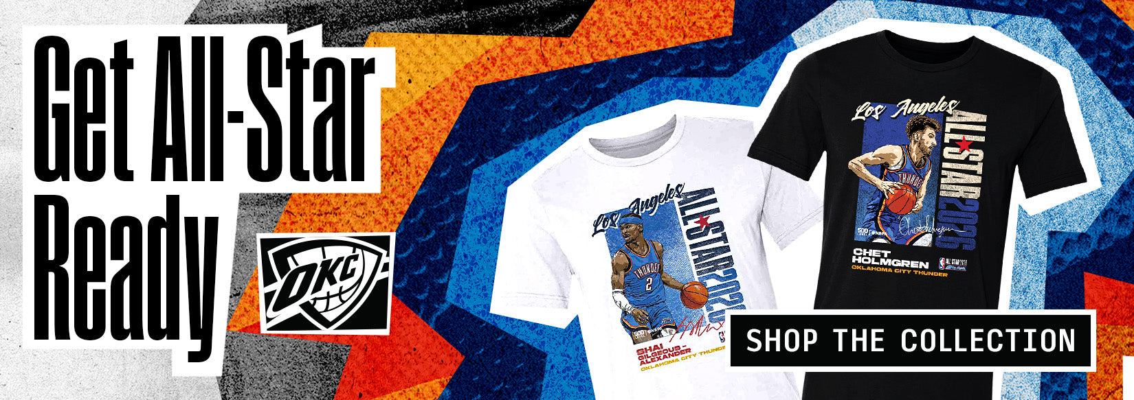 Basketball-themed t-shirts with player images and 'Get All-Star Ready' text on a colorful background.