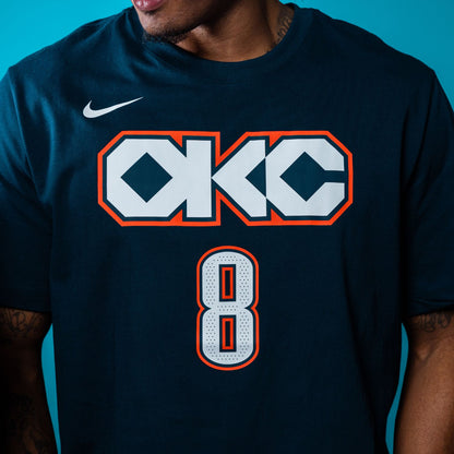 Model Wearing 2025-26 CITY EDITION OKC THUNDER NIKE JALEN WILLIAMS #8 N&N T-SHIRT 