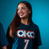 Model Wearing 2025-26 CITY EDITION OKC THUNDER NIKE CHET HOLMGREN N&N T-SHIRT
