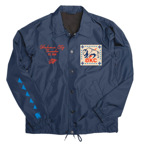 OKC Thunder X Round21 Native Heritage Coaches Jacket in Navy - Front View