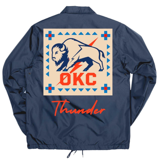 OKC Thunder X Round21 Native Heritage Coaches Jacket in Navy - Back View