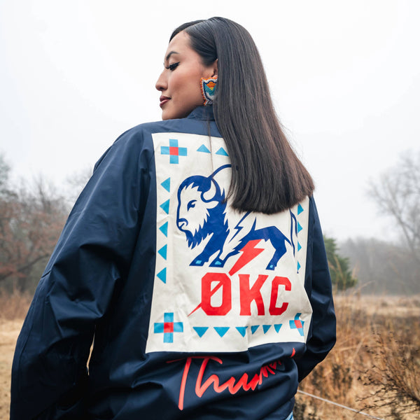 OKC Thunder X Round21 Native Heritage Coaches Jacket in Blue - Back View