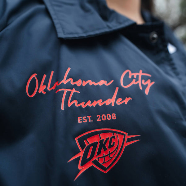 OKC Thunder X Round21 Native Heritage Coaches Jacket in Blue - Front Left View