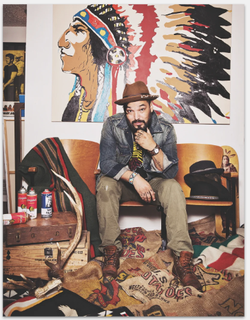 Native American artist Steven Paul Judd with his artwork and description on a white background