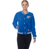 Ladies Oklahoma City Thunder Snap Button Bomber Jacket in Blue - Front View