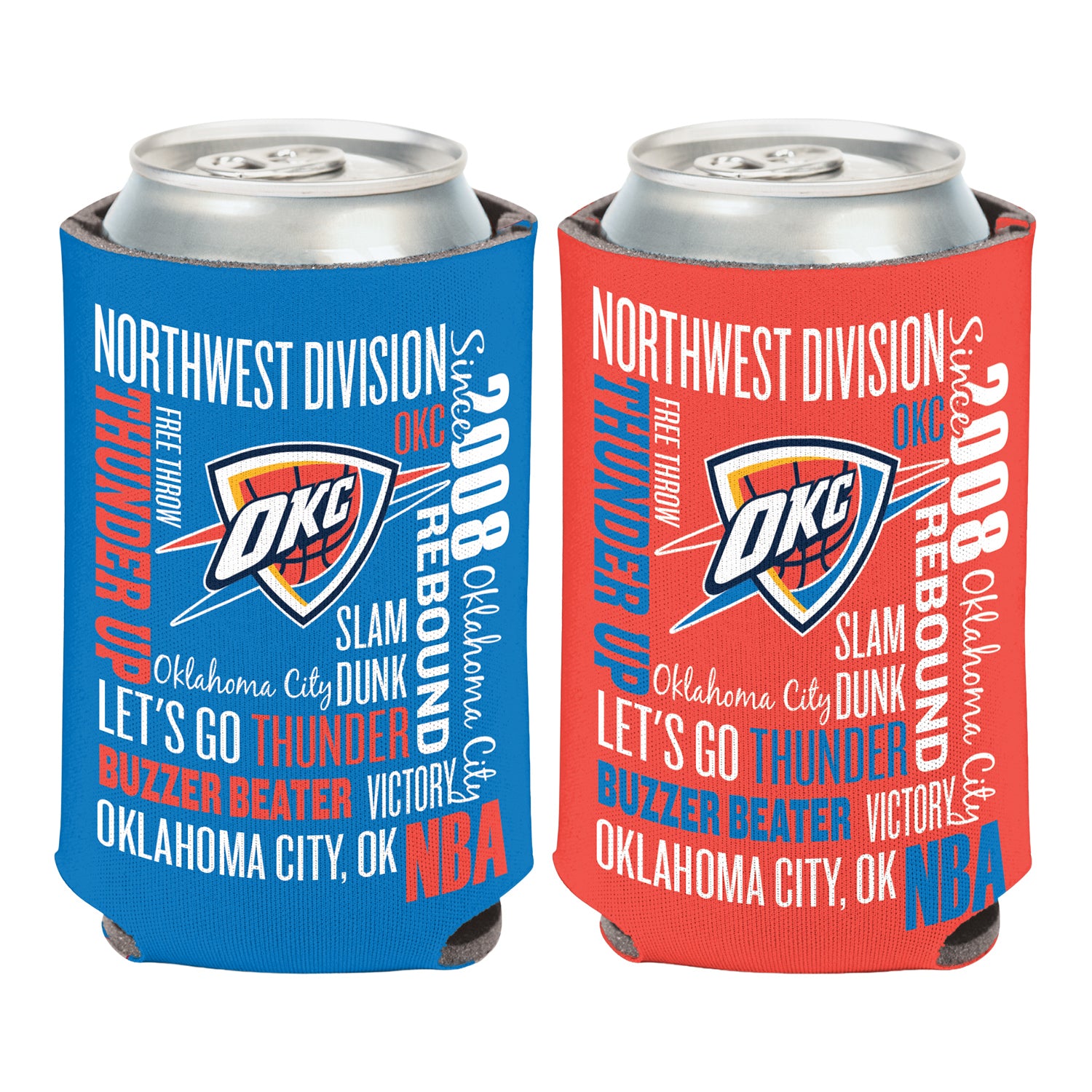 Oklahoma City Thunder Words Scatter 12 Oz Can Cooler - Front and Back View