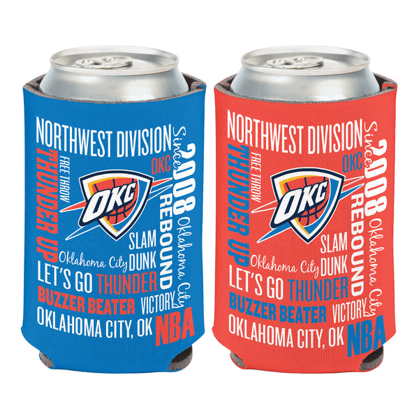 Oklahoma City Thunder Words Scatter 12 Oz Can Cooler - Front and Back View
