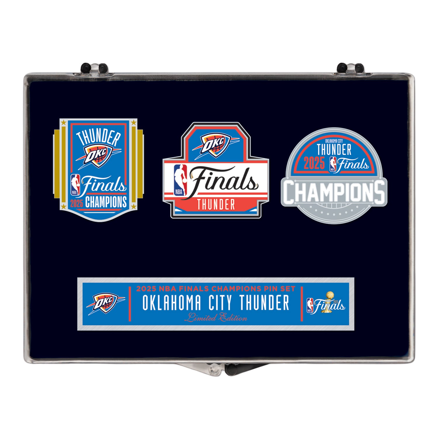 OKC THUNDER 2025 NBA CHAMPIONS HATPIN 3-PIECE SET - Front View in Case