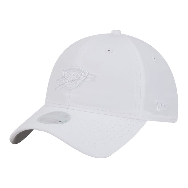 LADIES OKC THUNDER NEW ERA 920 WHITE TONAL PONYTAIL HAT IN WHITE - FRONT LEFT VIEW